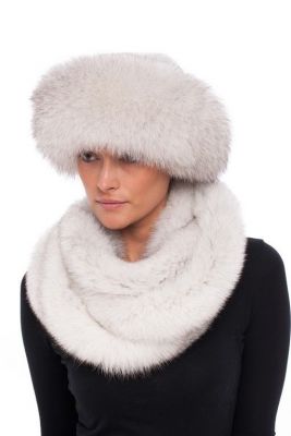Wool double round shawl / scarf  with white fox fur