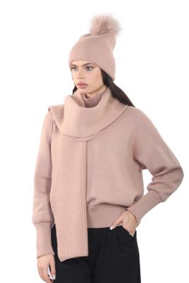 Set of merino wool scarf and hat with flap and fur pompom in beige
