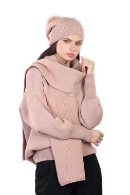 Set of merino wool scarf and hat extended with a fur pompom in beige
