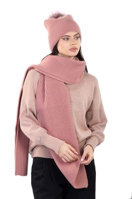 Set of merino wool scarf and hat with flap and fur pompom in dusty rose