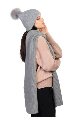 100% merino wool hat with flap and fur pompom (grey)