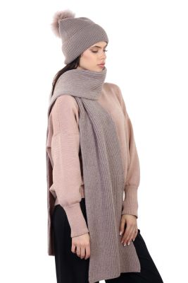 Set of merino wool scarf and hat with flap and fur pompom in cappuchino