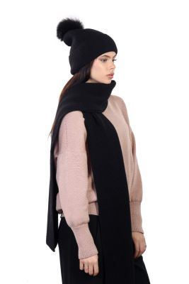 Set of merino wool scarf and hat with flap and fur pompom in black