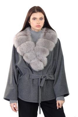 Wool and cashmere poncho grey with sleeves and long collar in light grey