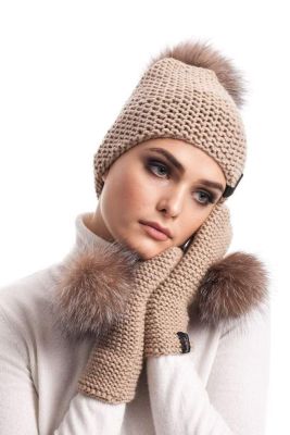 Knitted beige wool hat with pompom beige