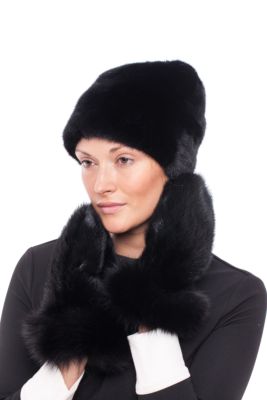 Set of mink fur gloves and hat in black