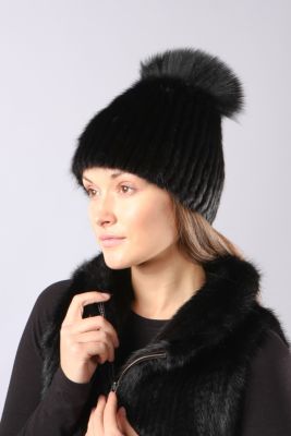 Knitted hat Sport with mink/fox (black/black)