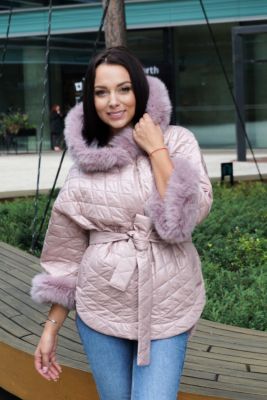 Hooded jacket with fox fur dusty rose color