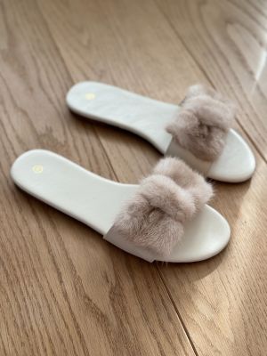 Mink fur slippers with ribbon in beige