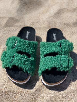 Orthopedic slippers decorated with wool teddy material in green colour
