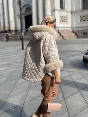 Hooded jacket with fox fur beige color