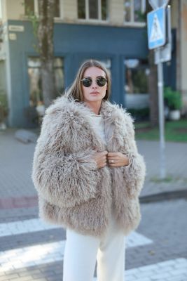 Stylish Mongolian fur coat with hood in beige