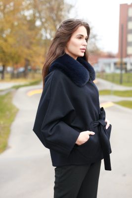 Wool and cashmere poncho with sleeves (navy)
