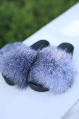 Slippers with fox fur decor in silver blue 