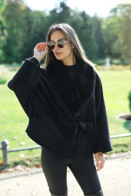 Wool and cashmere poncho black with sleeves and long mink fur collar in black 