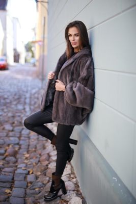 Mink fur coat with hoodie, grey