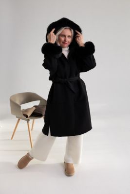 Wool and cashmere long coat with hood and sleeves decorated with fox fur in black