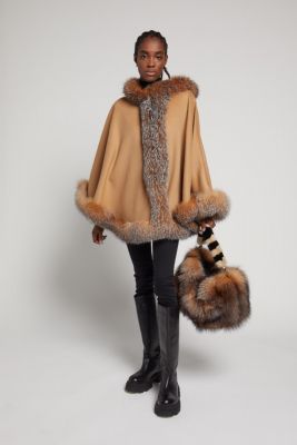 Wool and cashmere beige poncho with a hoodie decorated with golden blue silver fox fur
