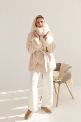 Wool and cashmere short coat with fox fur in beige