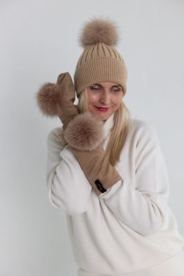 Set of cashmere and wool hat and mittens with pompoms in dark beige