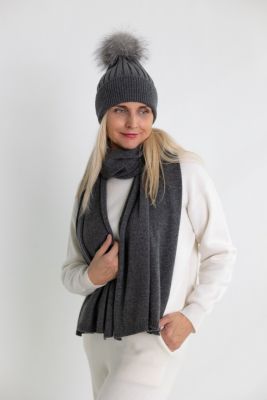 Knitted wool and cashmere hat with pompom in dark grey