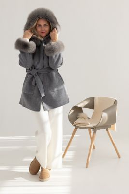 Wool and cashmere short coat with fox fur in grey