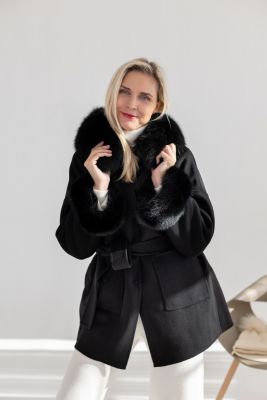 Wool and cashmere short coat with fox fur in black