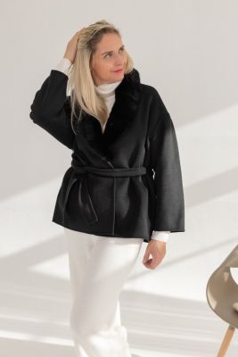 Wool and cashmere short jacket with mink fur collar in black