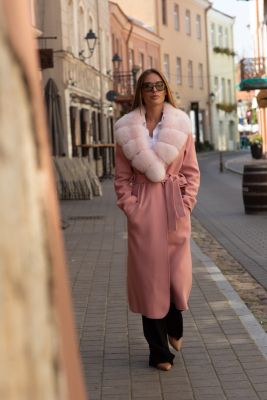 Wool and cashmere cardigan with fox fur collar in dusty rose color