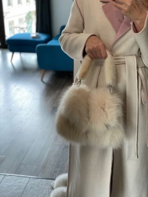 Fox fur bag with mink fur bag handle in beige