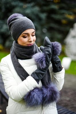 Dark grey wool mittens with blue silver fox pompom