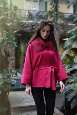 Wool and cashmere poncho with sleeves (cyclamen)