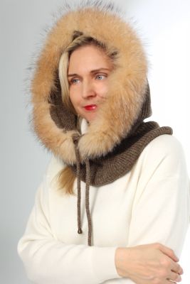 Hood balaclava with fox fur in brown/golden blue silver