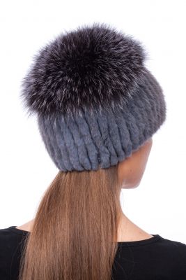 Knitted hat with mink/fox (sapphire/blue silver)