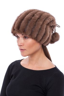 Knitted hat/scarf with mink Brown