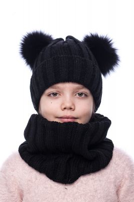 Knitted black wool hat with two pompoms (black)