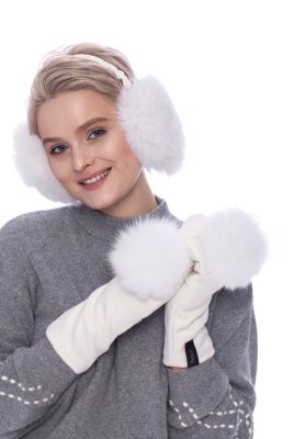 Set of fox fur earmuffs and wool mittens with fox fur pompoms decor (white)