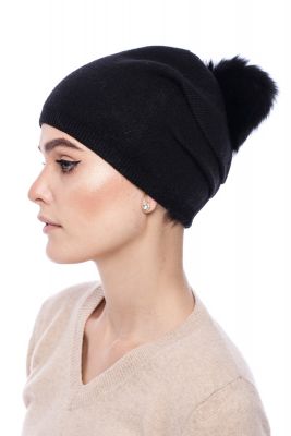 Knitted black cashmere and wool hat with pompom black