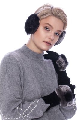 Set of REX fur earmuffs and wool mittens with REX fur decor (black/grey)