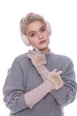 Set of mink fur earmuffs and wool mittens with mink fur decor (white/beige)