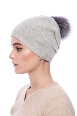 Knitted grey cashmere and wool hat with pompom grey