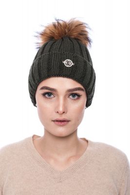Knitted green wool hat with pompom raccoon
