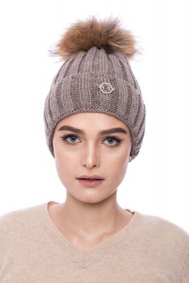 Knitted brown wool hat with pompom raccoon