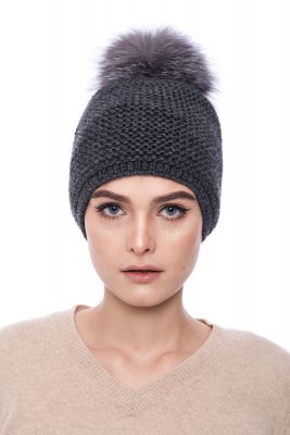 Knitted dark grey wool hat with pompom grey