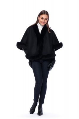 Wool and cashmere poncho black with black fox fur