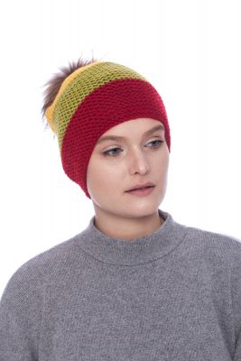 Knitted colourful wool hat with pompom raccoon