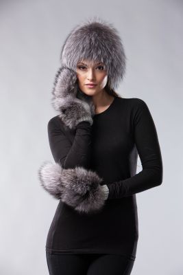 Knitted fox fur hat in blue silver