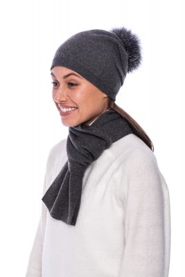 Knitted dark grey cashmere and wool hat with pompom blue silver