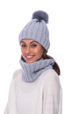 Knitted grey wool hat with pompom 