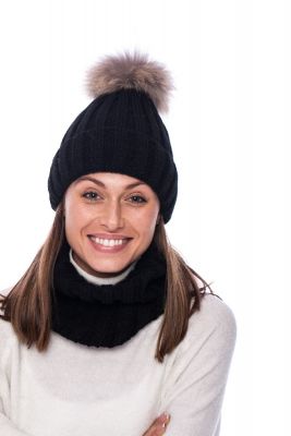 Knitted black wool hat with pompom 